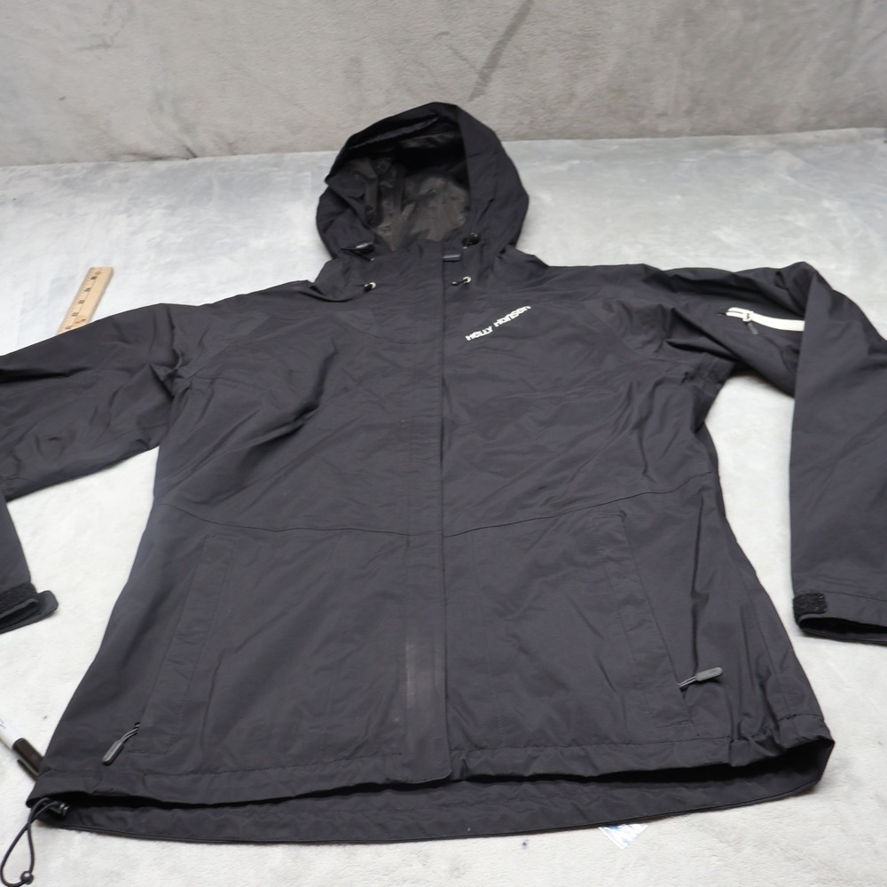 Helly Hansen Jacket Women Large Black Hooded Mesh Lined Rain Outdoor Hiking LOGO